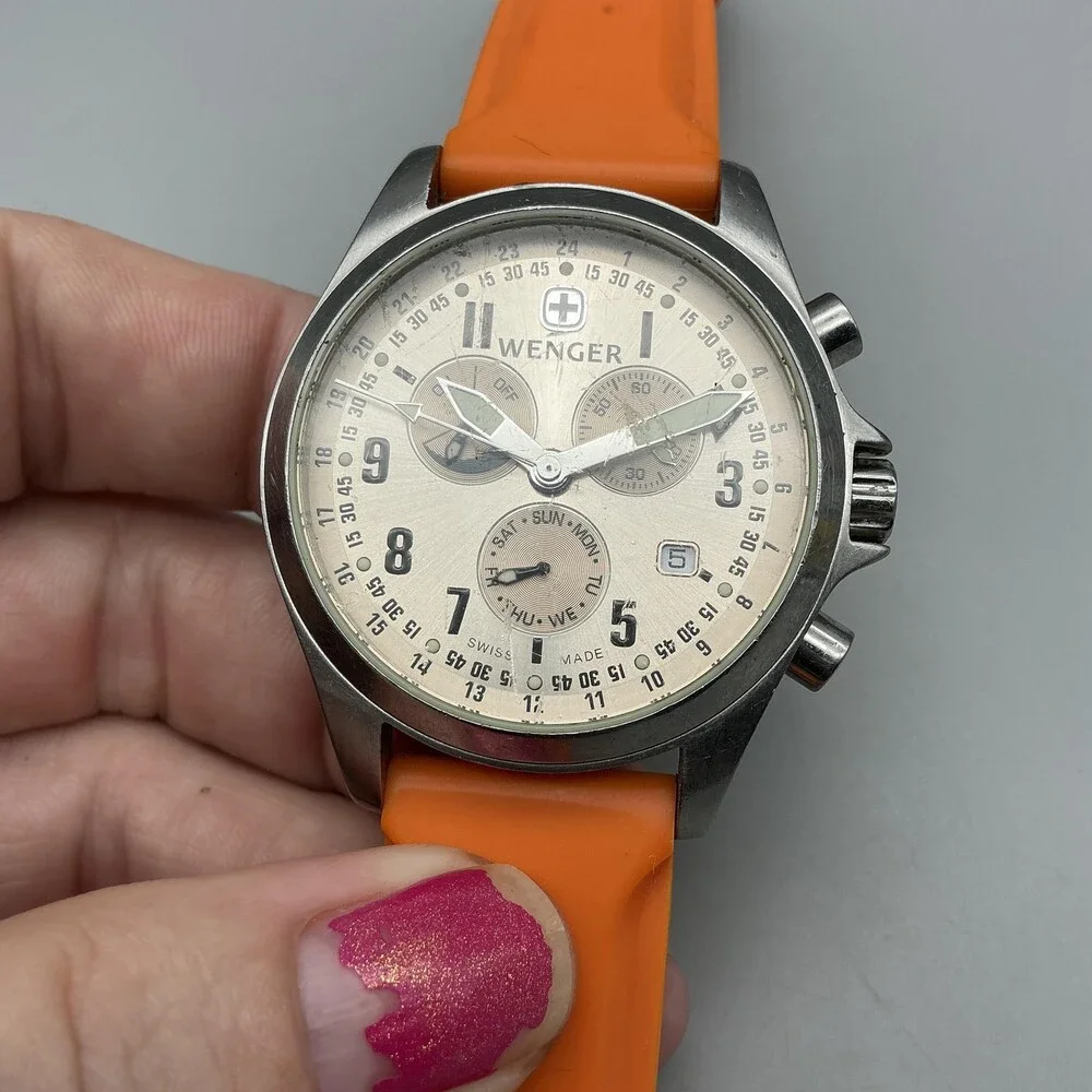Wenger Terragraph Dual-Time Alarm Model 72750 Watch 39mm Orange Chronograph